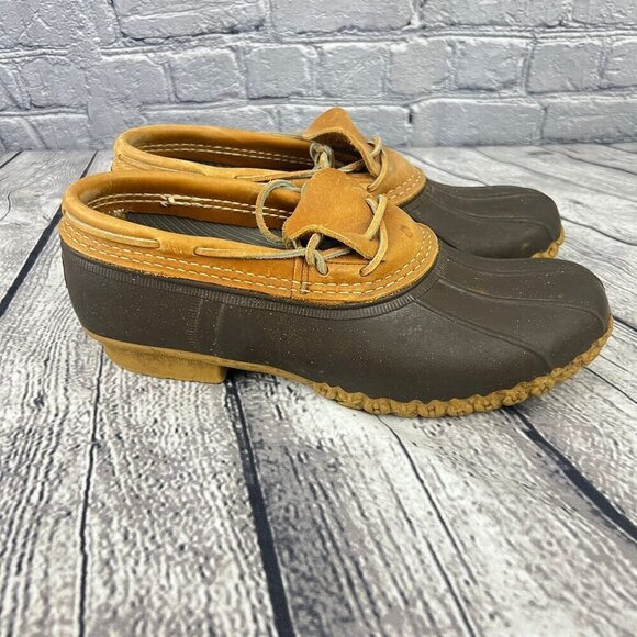 L.L. Bean Mens Duck Shoes Boots Size 9M Brown & Tan Leather/Rubber Lace-Up - Picture 2 of 8